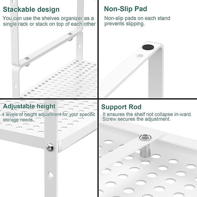 iPEGTOP Expandable Cabinet Storage Shelf Organizer Rack, Heavy Duty Stackable Steel Metal Spice Rack Adjustable Height Pantry Garage Shelf for Counter Kitchen Organization, White - 2 Pack