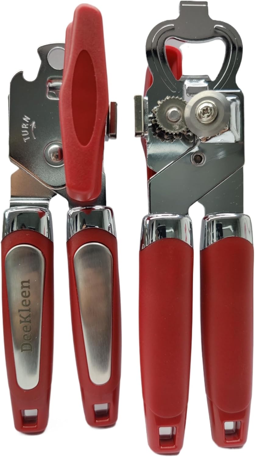 2 Pack Magnetic Manual Can Openers, with Stainless Steel Heavy Duty,Oversized Easy Turn Knob,Soft Grip Handles,Smooth Edge Safety Cut Sharp Blade(Red)