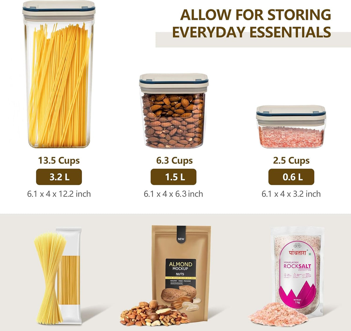 Flip-Lock Airtight Food Storage Containers 6-PC (0.6 Qt*2+1.6 Qt*3+3.4 Qt),Leakproof Ring Seal Top,Anti-Slip Pantry Canister for Flour Sugar,Coffee,Dog Food Treat,Rectangle White