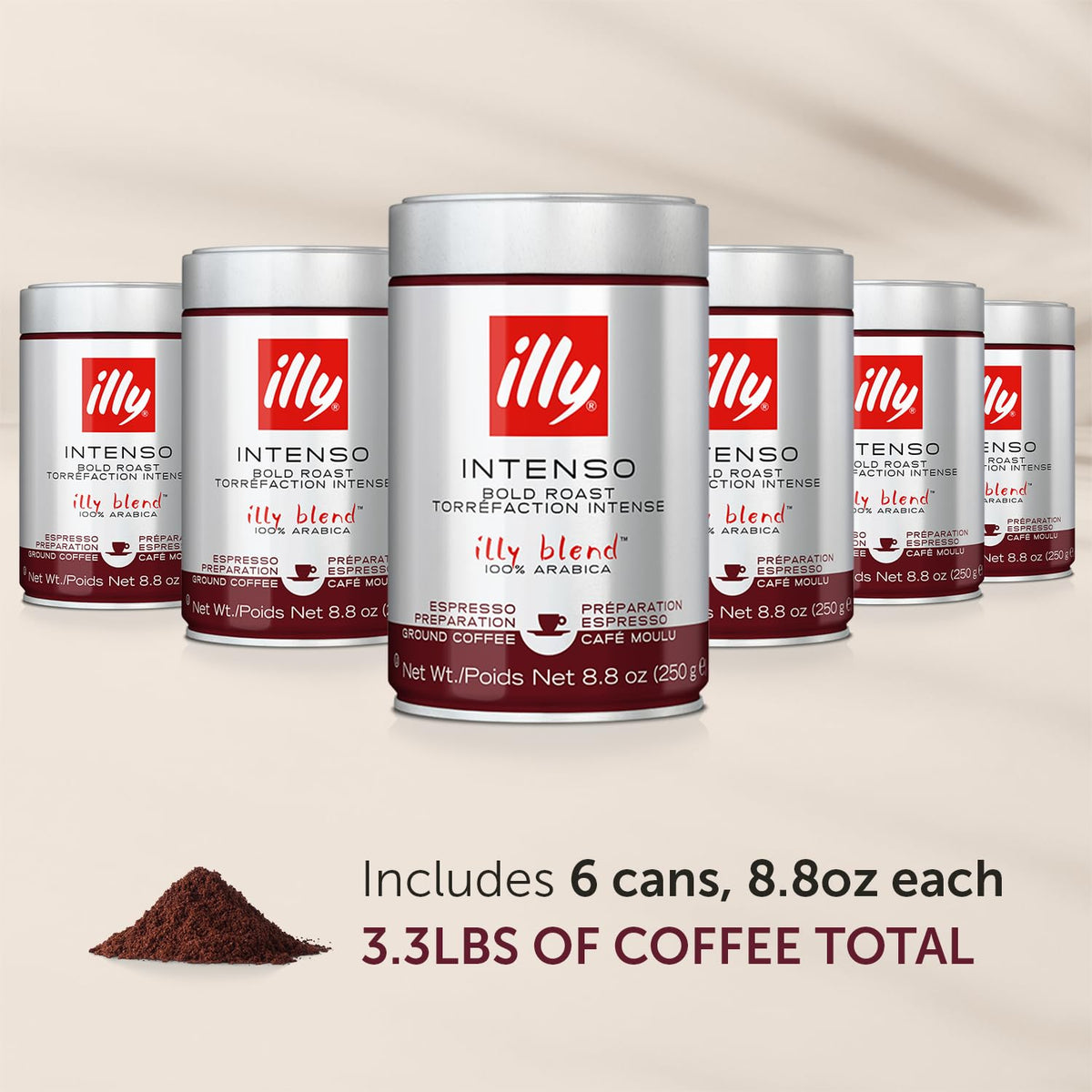 illy Ground Coffee Espresso - 100% Arabica Coffee Ground – Intenso Dark Roast – Warm Notes of Cocoa & Dried Fruit - Rich Aromatic Profile - Precise Roast - No Preservatives – 8.8 Ounce, 6 Pack