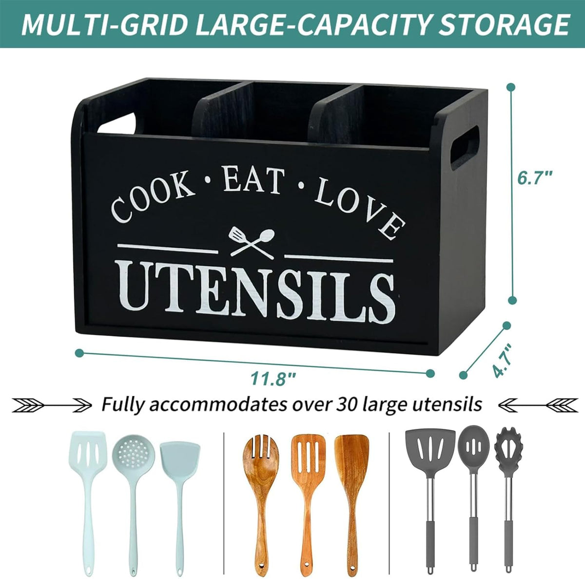 Solid Wood Farmhouse Cooking Utensils Organizer: Large Countertop Utensil Holder, 3 Compartments - Black