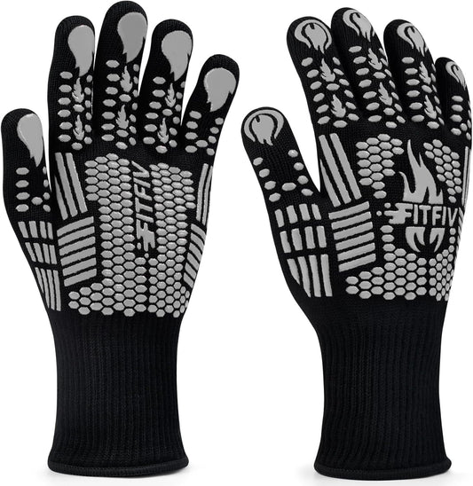 BBQ Gloves, Oven Gloves, Extreme Heat Resistant Barbecue Gloves, Silicone Non-Slip Oven Mitts, Kitchen Gloves for Cooking, Grilling, and Baking (Gray)