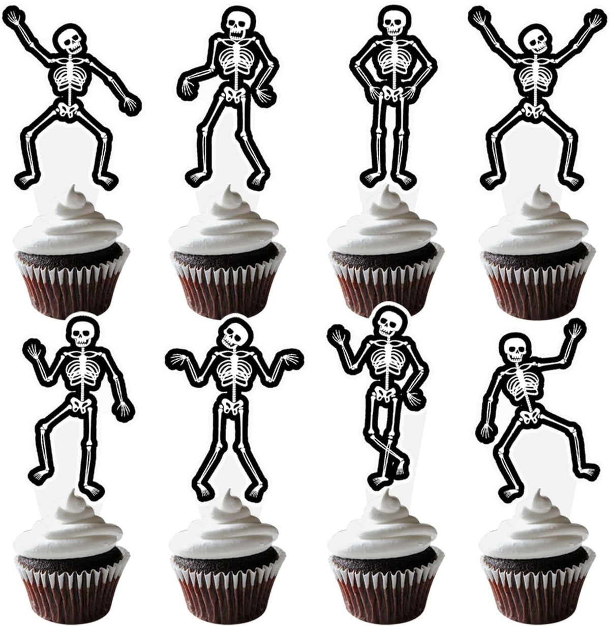 Dancing Skeleton Halloween Cupcake Toppers 48PCS Black Skull Party Cake Decorations Skeleton Cupcake Picks Halloween Birthday Party Decorations for Horror Theme Party Baby Shower Supplies