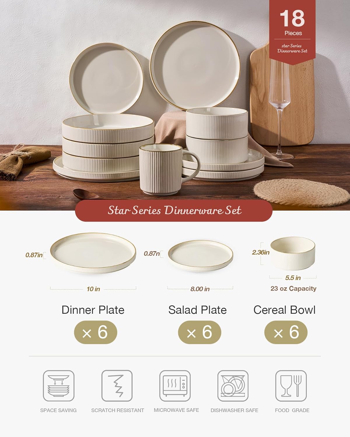 Famiware Star Dinnerware Set, Plates and Bowls Sets for 6 (18pcs), Ribbed Stoneware Dishes - Chip & Scratch Resistant, Microwave & Dishwasher Safe Kitchenware, Vanilla White