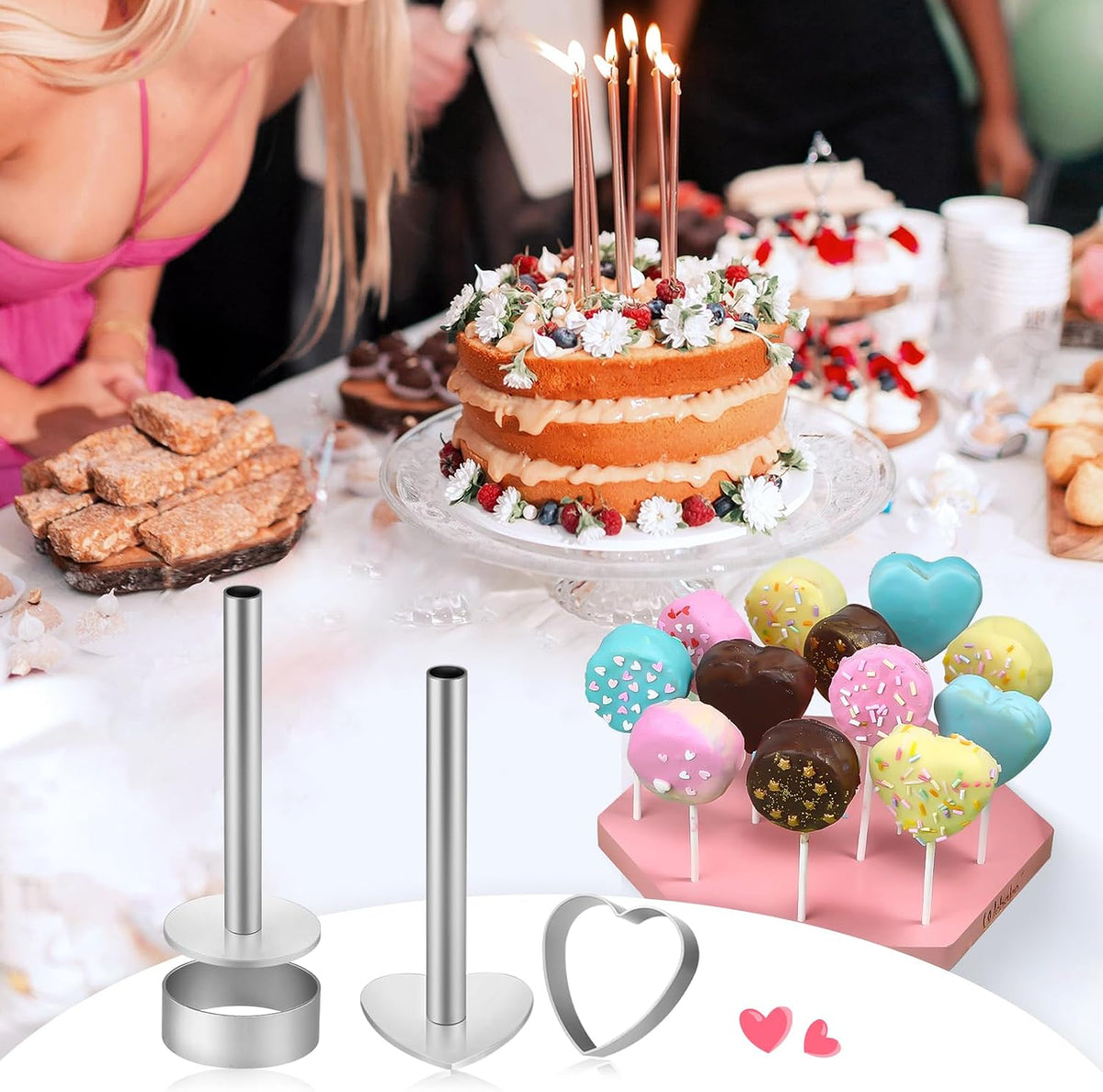 Webake Circle and Heart Cake Pop Cutter and Pusher, 304 Stainless Steel Cake Pop Molds, Easy Use, Non Toxic, Set of 4