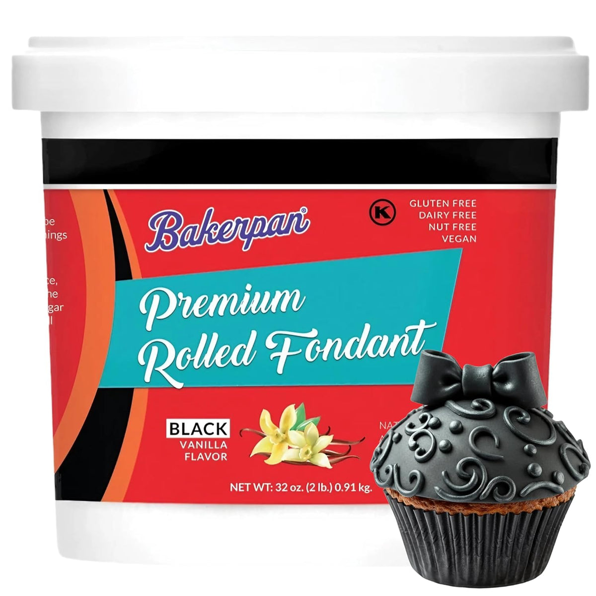 Bakerpan Premium Rolled Black Fondant for Cake Decorating - 2 Pounds, Vanilla Flavor