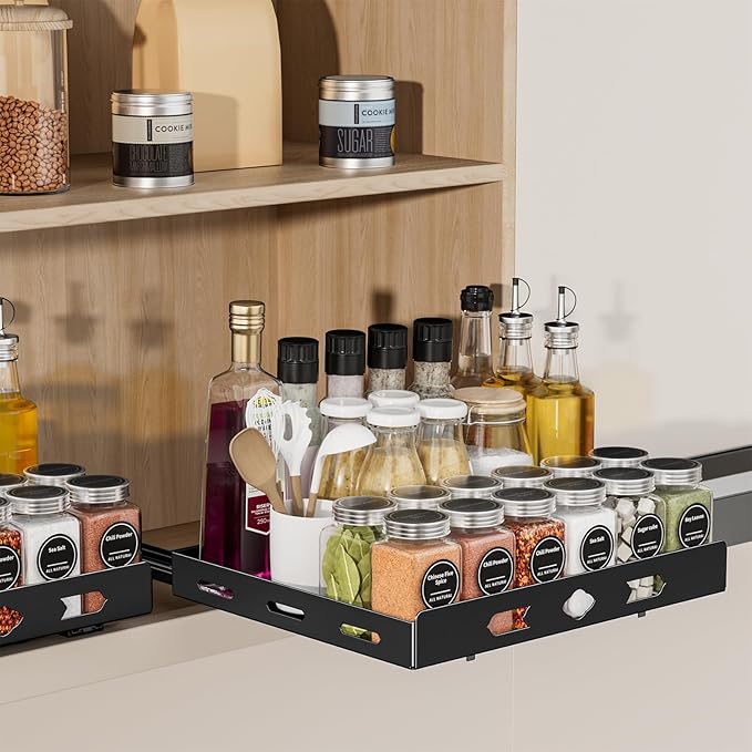 Pull Out Spice Rack Organizer for Cabinet, 1 Tier Heavy Duty Spice Rack, Vertical Spice Rack for Kitchen Cabinet and Pantry (12.6''Wx10.5''Dx2.8''H, Metal Black)