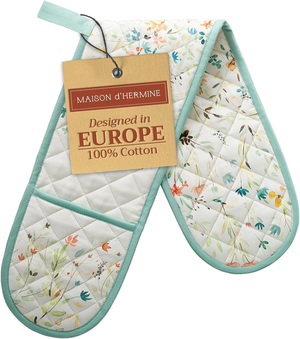 Maison d' Hermine Double Oven Mitts 100% Cotton 7"x35" Double Oven Mitt Heat Resistant BBQ Cooking Gloves with Loop, Baking, Grilling, Home, Kitchen, Handling Hot Pans Spring Summer (Colmar)