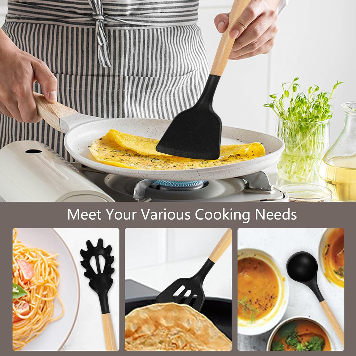 Cooking Utensils Set,19 Kitchen Set Utensils Set with 11 Pieces Spatula Cooking Utensils,Heat Resistant Silicone Utensils 6 Piece Sharp Knife Set 2 Pieces Utensil Cutting Board (Black 19 PCS Set)
