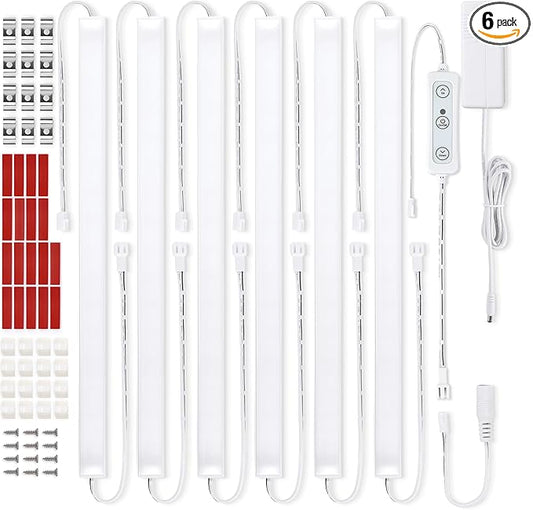 Litever Under Cabinet Lighting Kit Plug in, 6 pcs 12 Inches LED Light Bars. Super Bright Dimmable Linkable for Kitchen Undercabinet Counter Top Shelf Pantry Closet Display Lighting. Warm White 3000K
