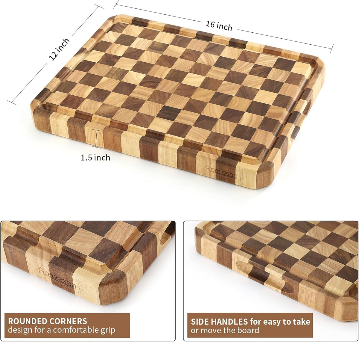 Large wood Cutting Board for Kitchen with Juice Handles ， Chopping Board Cheese Charcuterie Board (Checkered cutting board)