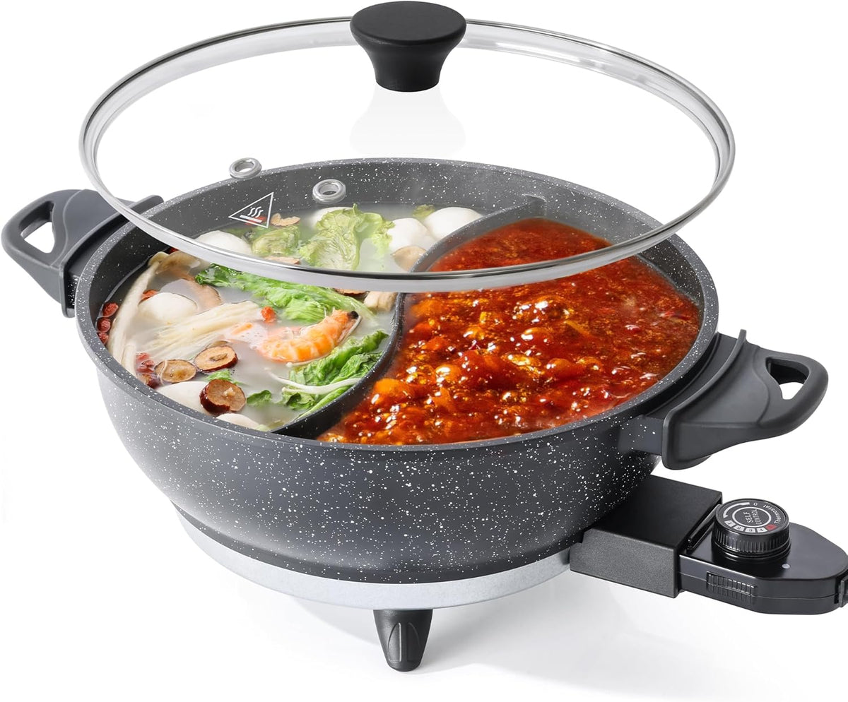 4L Electric Hot Pot with Divider - Dual-Flavor Shabu Shabu Pot with Slow Cooker Function, 1500W, Ideal for Family Meals & Social Gatherings, Black