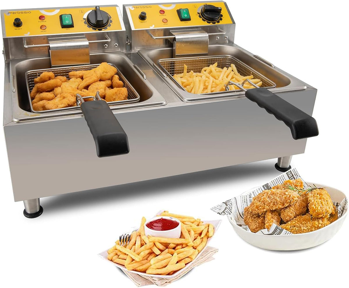 Dual Tank Deep Fryer 20L(21.1Qt) 3500 W Fast Heating, with Basket and Lid, 304SS Electric Large Deep Fryer for Home and Commercial, Countertop Deep Fryers