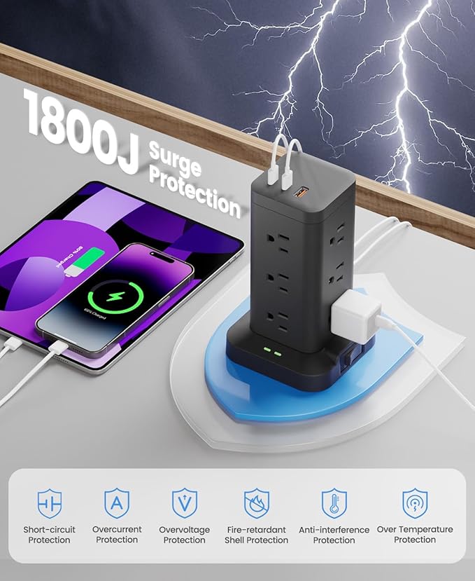 Power Strip Tower with Surge Protector 1800J, Fast Charging Tower PD20W USB-C Ports with 12 AC Outlets, 10ft Extension Cord for Home Office Dorm Room, Black
