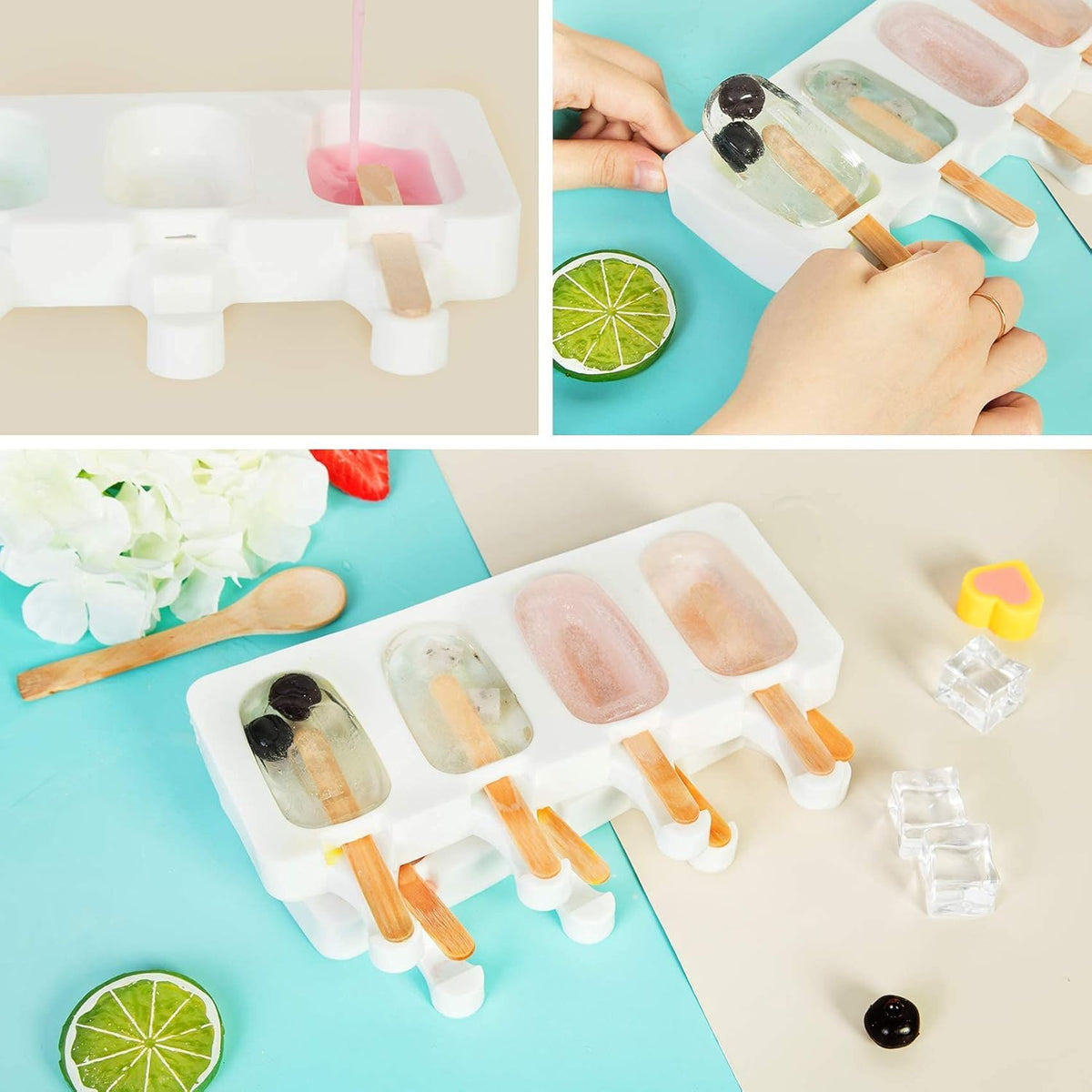 Ouddy Life Popsicle Molds Set of 2, Ice Pop Molds Silicone 4 Cavities Ice Cream Oval Cake Pop Mold with 50 Wooden Sticks for DIY Popsicle, Clear