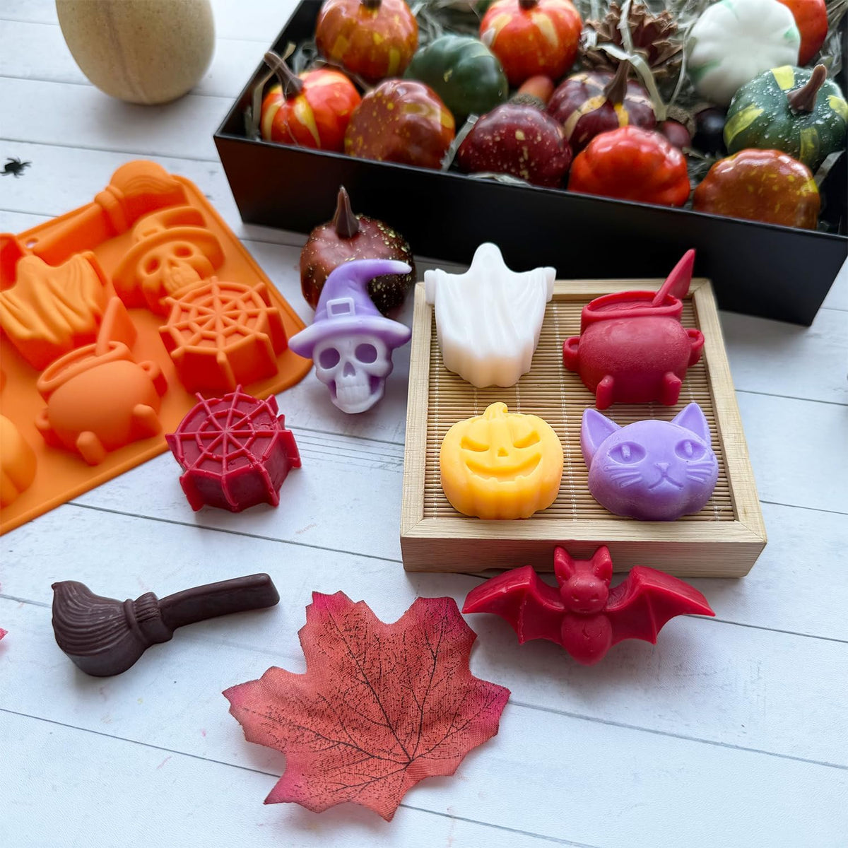 2 Pack Halloween Chocolate Candy Silicone Mold Halloween Molds Ghost Pumpkin Bat Skull Witch Hat Gummy Fondant Baking Mold for DIY Ice Cube Sugar Halloween Party Cupcake Cake Decorating