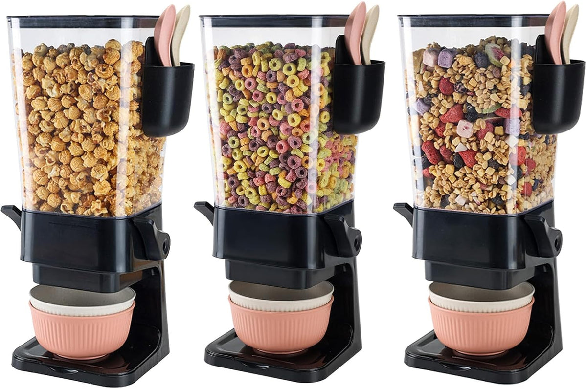 Cereal Dispenser Countertop Black 3 Pack with Bowls Spoons Cutlery Box,5.5 QT Dry Food Dispenser Snack Organizer Containers Storage for Pantry Kitchen Organization Oatmeal Nut Granola Candy