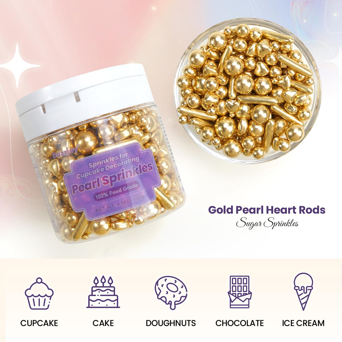 Dazzjoy Edible Gold Pearl Heart Rods Sprinkles, 130g/4.58oz, Mix Size, Gold Pearl Sprinkles for cupcake decorating, Cupcake Toppers Cake Decorations, Wedding Party Halloween Christmas Supplies