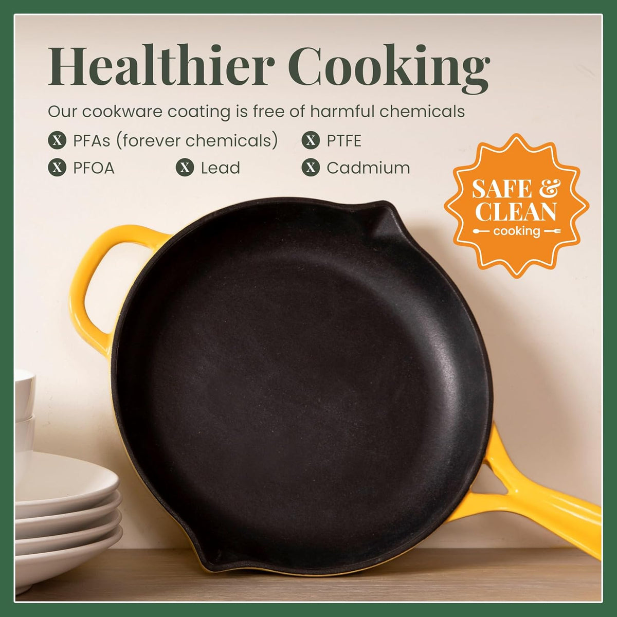 Larder & Vine Enameled Cast Iron Skillet | 10.25 in Cast Iron Pan | Saute Pan with Pour Spouts | Enamel Coated Skillet | Compatible on All Cooktops & Oven Safe to 500F | Limoncello