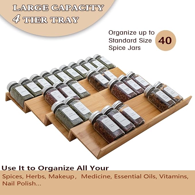 Bamboo Spice Rack Drawer Organizer - 8 Pieces Set- 9" Wide Per Piece - Combine Pieces Into 18" Wide Rack (9" or 18")