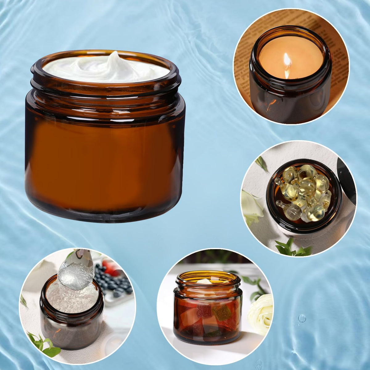 1 oz Glass Jars with Lids,3 Pack Clear Small Glass Cosmetic Jars with Lids,60 ml Empty Glass Makeup Containers for Sample, Cream, Lotion,Powder (1 OZ, Amber)