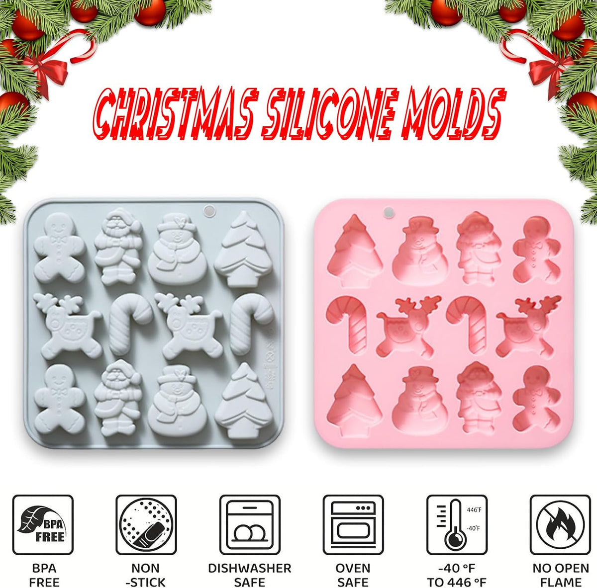 Christmas Silicone Chocolate Molds, 2Pcs Baking Molds Santa Claus Snowman Gingerbread Man Tree Walking Stick Elk 6 Shapes for Jelly Candy Ice Cube Fudge Resin