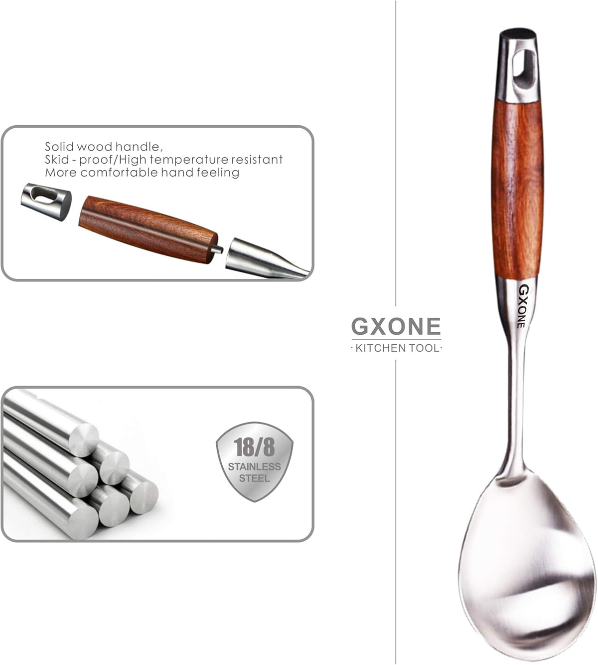 Large Serving Spoons,304 Stainless Steel Cooking Spoon with Heat Resistant Wooden Handle,Silver/12.4Inch