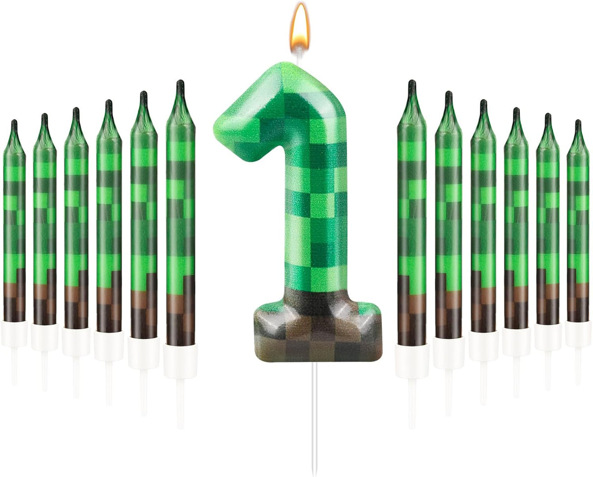 13 Pcs Dynamite Candles 12 TNT Themed Birthday Cake Candles and Number 1 Candle Cake Topper for Pixel Theme Birthday Party Anniversary Party Dynamite Theme Party Video Game Party Supplies (Number 1)
