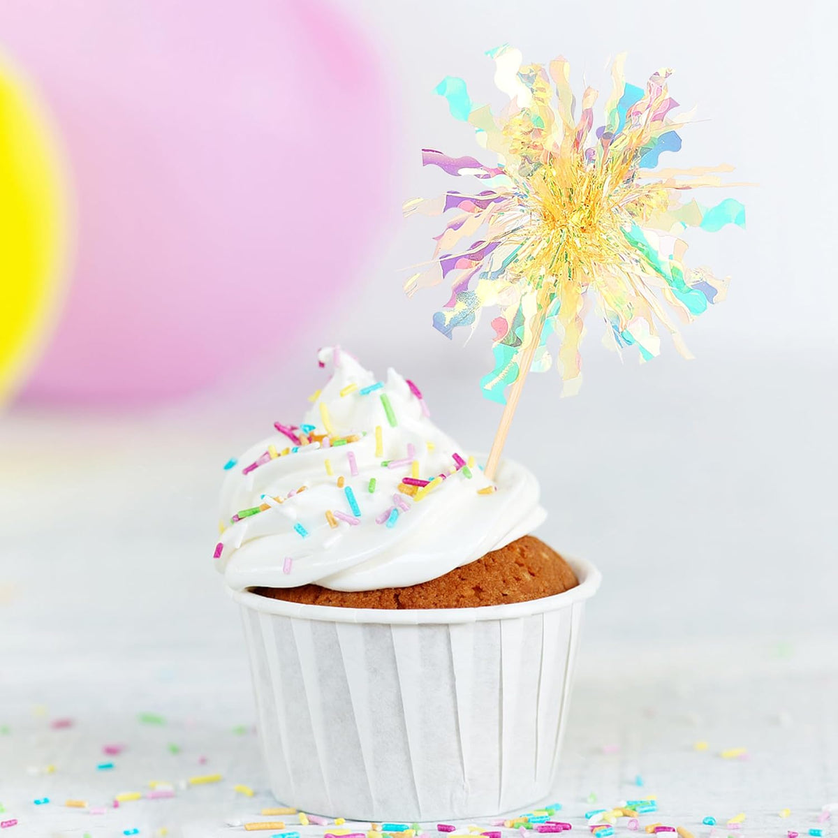 30 PCS Foil Firework Cupcake Toppers Sparkle Tinsel Cupcake Picks Happy Birthday Cake Decorations Drink Stirrers Cocktail Food Fruit Toothpicks for Baby Shower Graduation Party Supplies Yellow
