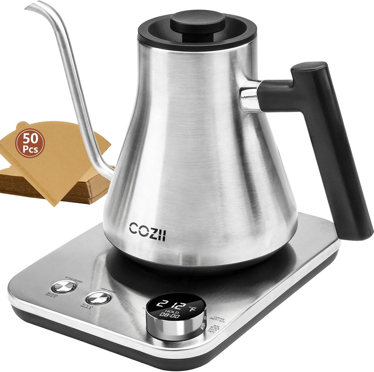 COZII Gooseneck Electric Kettle,5 Presets & ±1℉ Temperature Control 1200W Quick Heating Water Boiler for Coffee/Tea, 24H Keep Warm, Auto Shut Off Pour Over Kettle with 50pcs Coffee Filter,0.9L Silver