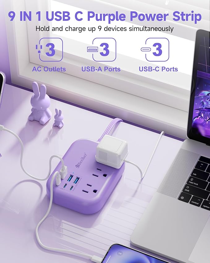 6 USB(3 USB C) Purple Travel Power Strip- 5Ft Purple Extension Cord with USB Charging Station 24W and 3 Outlets, Pink Desk Accessories for Cruise Travel Cute Kawaii Lavender Home Office Dorm Room
