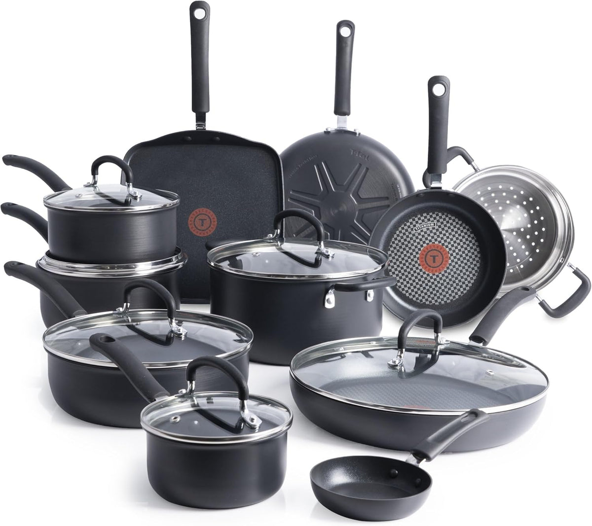 T-Fal Ultimate Hard Anodized Nonstick Cookware Set 17 Piece, Nonstick Pots and Pans Set with Fry Pan, Saucepans, Saute-Pan, Griddle, Dishwasher Safe, Black