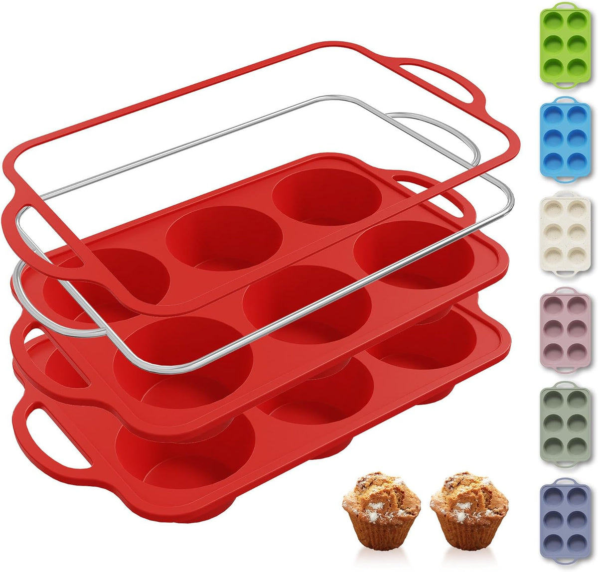 2 Packs 6 Cups Silicone Muffin Pan for Baking with Metal Reinforced Frame Jumbo Size Cupcake Pan Tray Egg Bites Silicone Circle Cookie Molds Muffin Tin Tart Pans Large Big Sheet Set for Breakfast