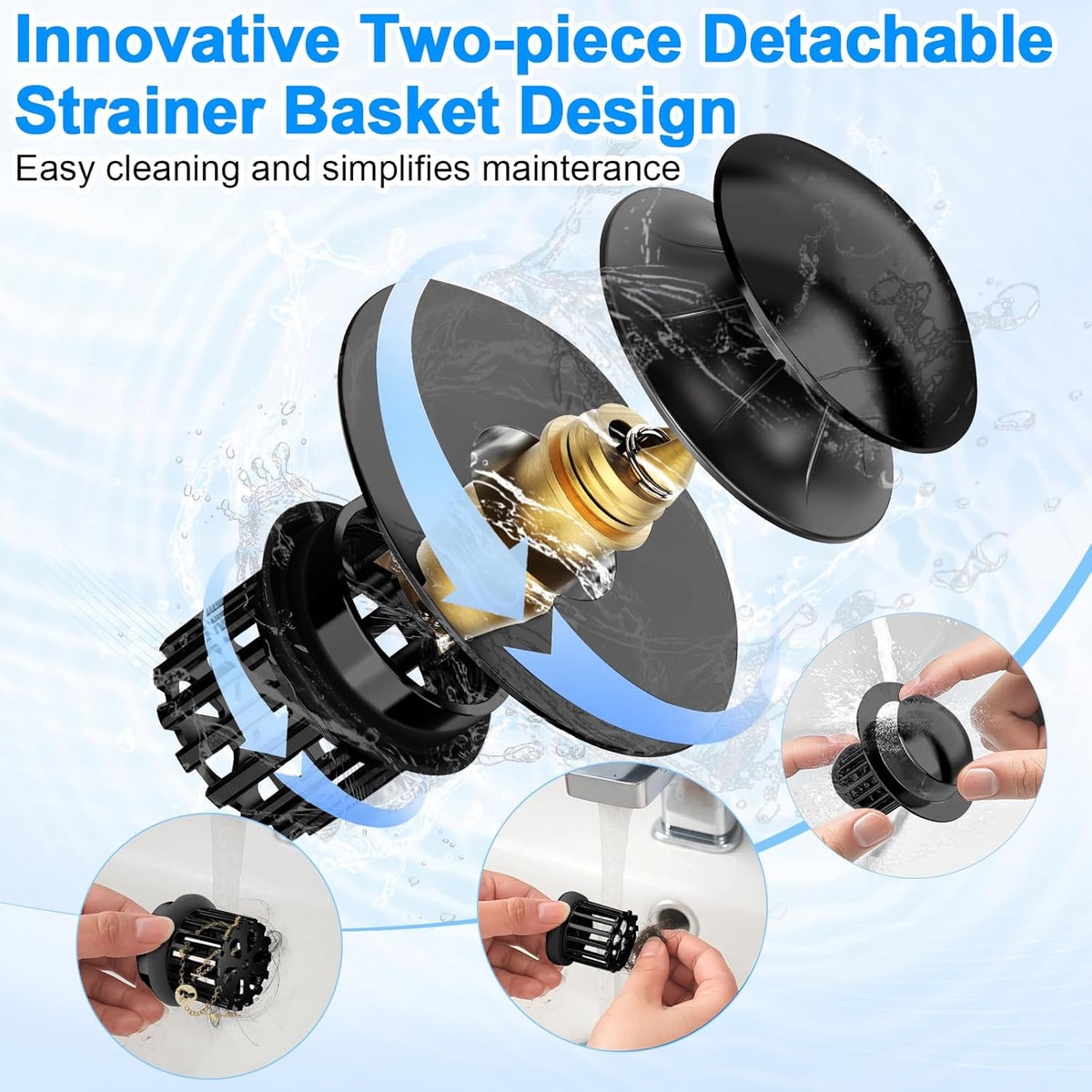 Universal 4 in 1 Bathroom Sink Drain Strainer with Removable Filter Basket, Pop Up Pure Copper Bathroom Sink Stopper, Anti-Clogging Bathroom Drain Stopper Sink Plug Black