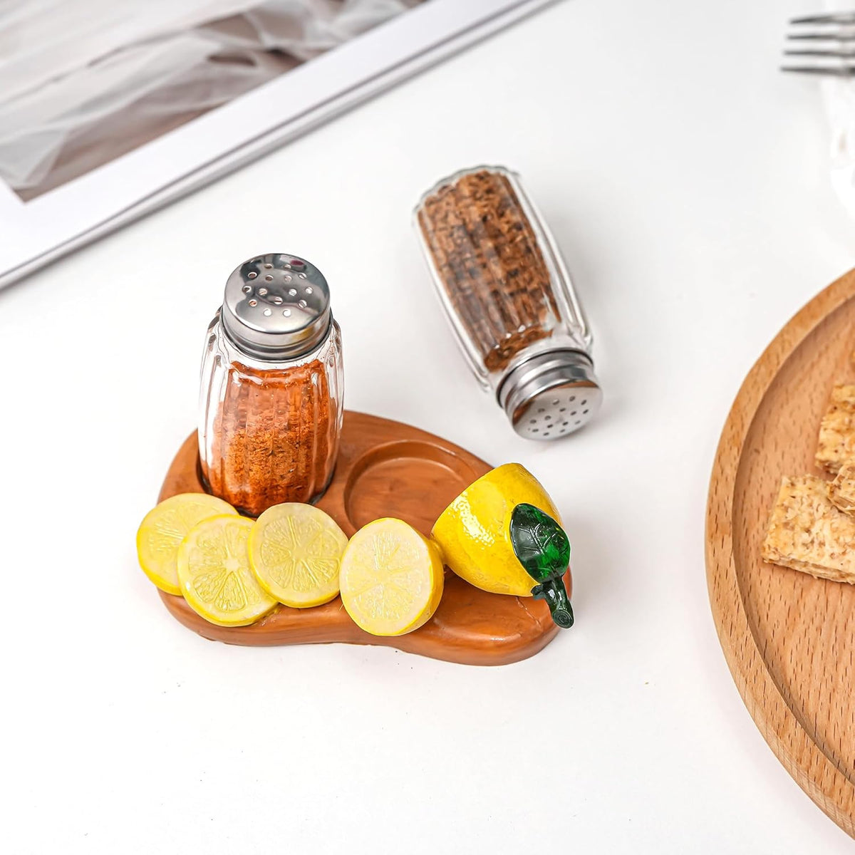 Lemon Decor Salt And Pepper Dispenser Shaker Holder for Kitchen DéCor - with Lemon Figurine And Statues Holder - Includes Glass Spice Jars