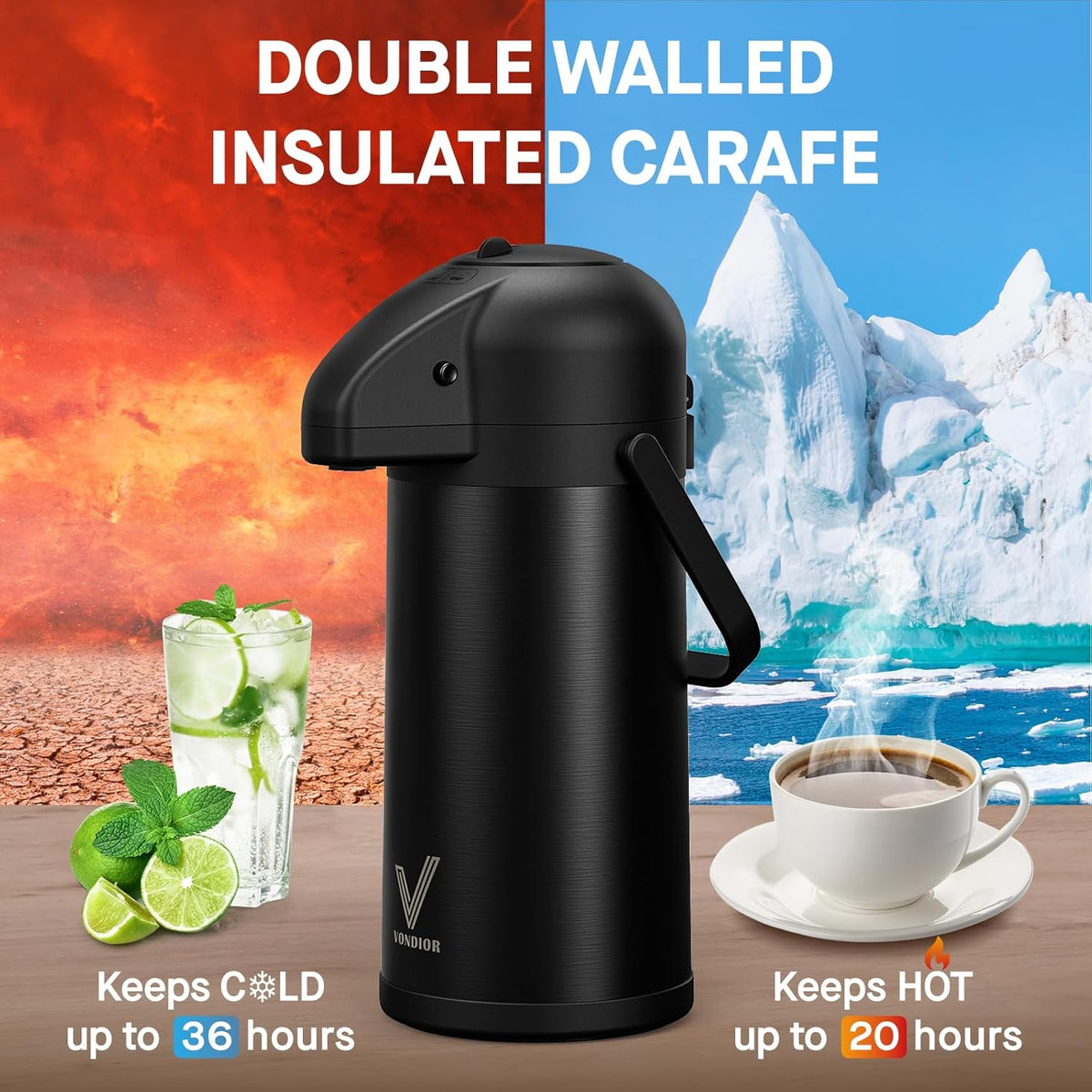 Airpot Coffee Carafe for Keeping Hot - 85 OZ/ 2.5L Coffee Dispenser with Pump - Insulated Stainless Steel thermal carafe for Hot Drinks Water Tea Chocolate - Hot Beverage Dispenser for Parties