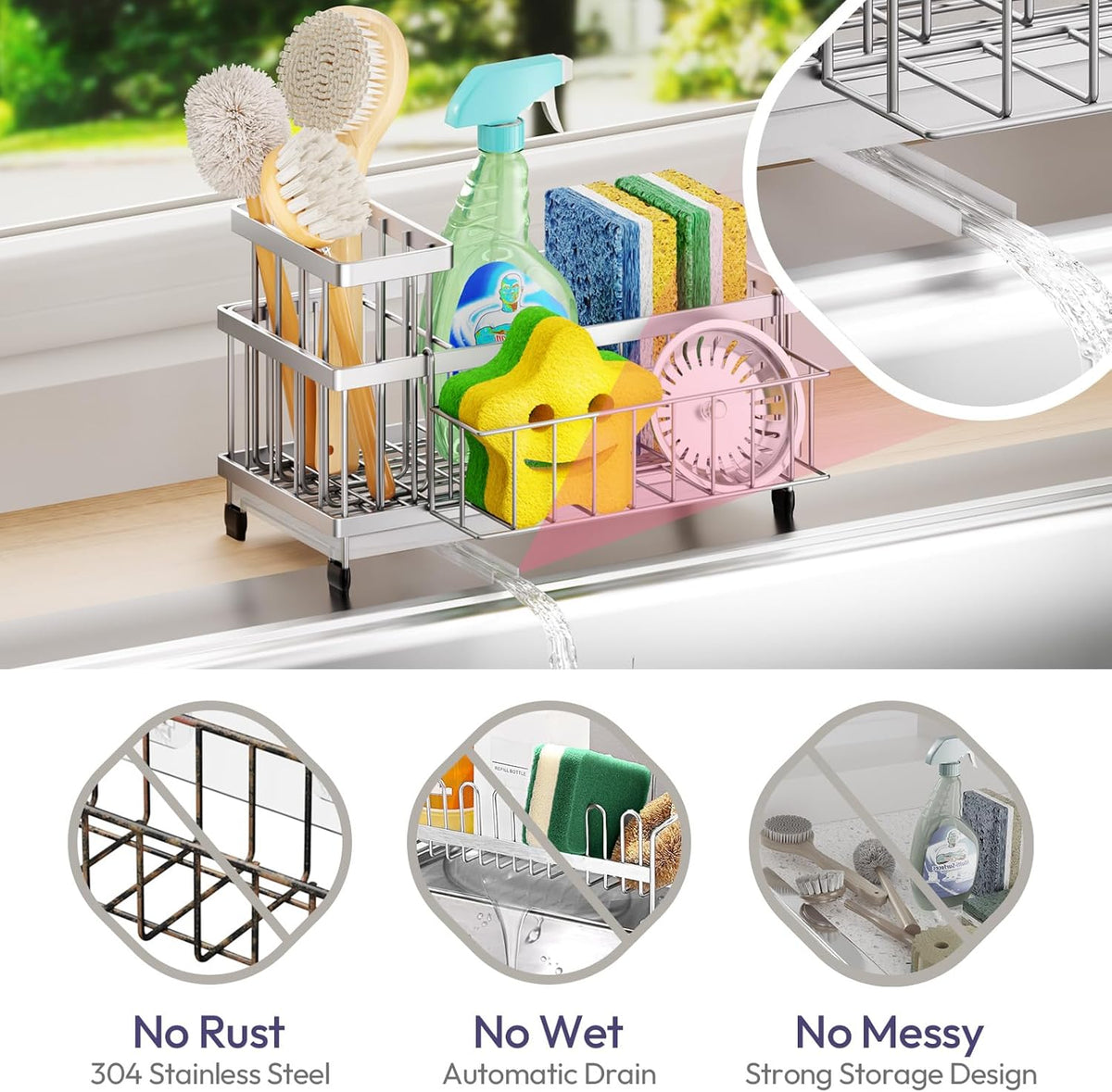 SWTYMIKI Sink Caddy Sponge Holder - Large Sponge Holder for Kitchen Sink with 360°Auto-Drain Tray, Rustproof Stainless Steel Kitchen Organizer Caddy for Countertop Organization