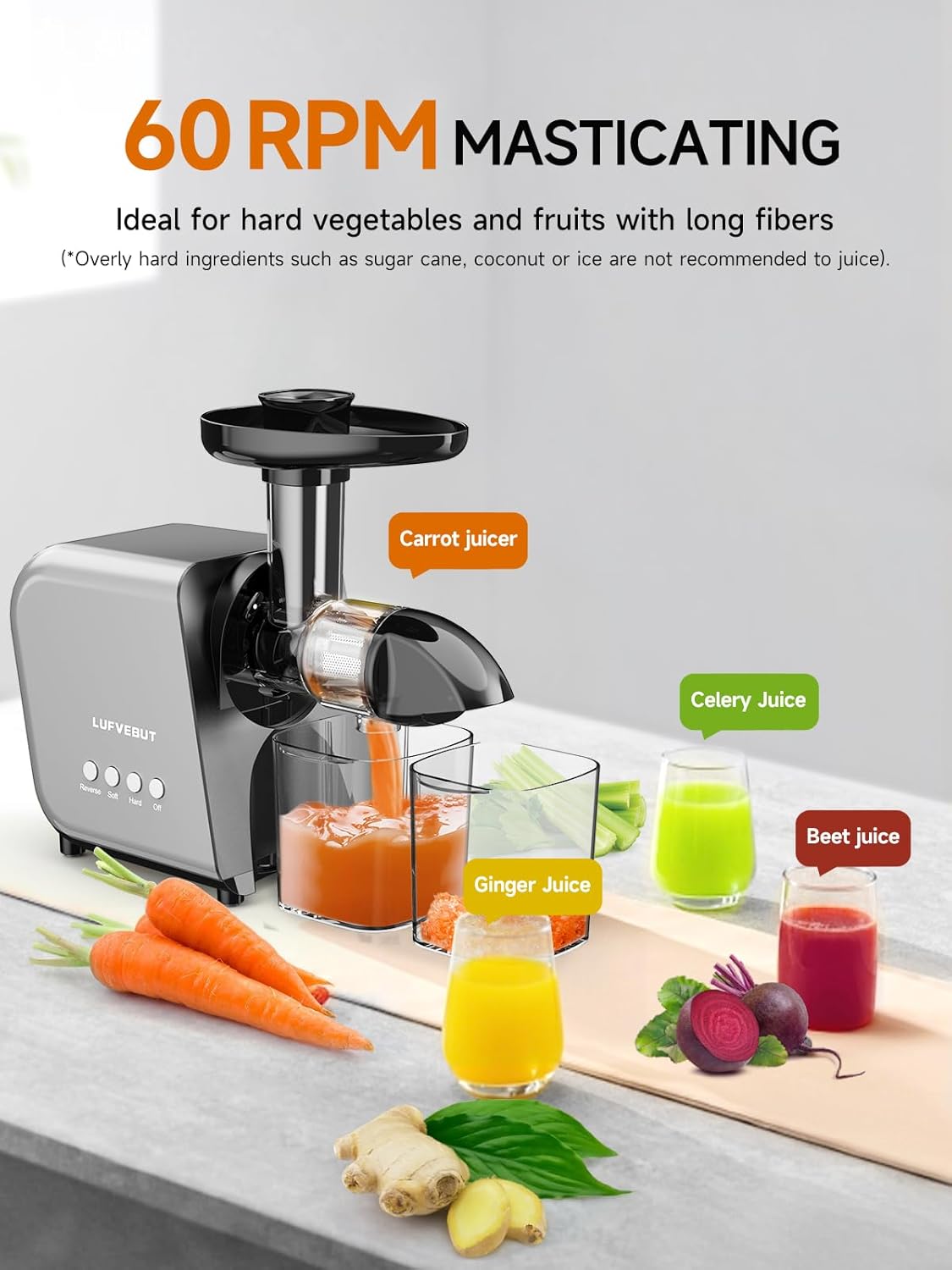 Slow Juicer Machine for Vegetables and Fruits Cold Press Masticating Extractor Celery Wheatgrass Leafy Greens Carrot Ginger Beet, Easy to Clean Juicer BPA-Free Reverse Function,Dishwasher Safe