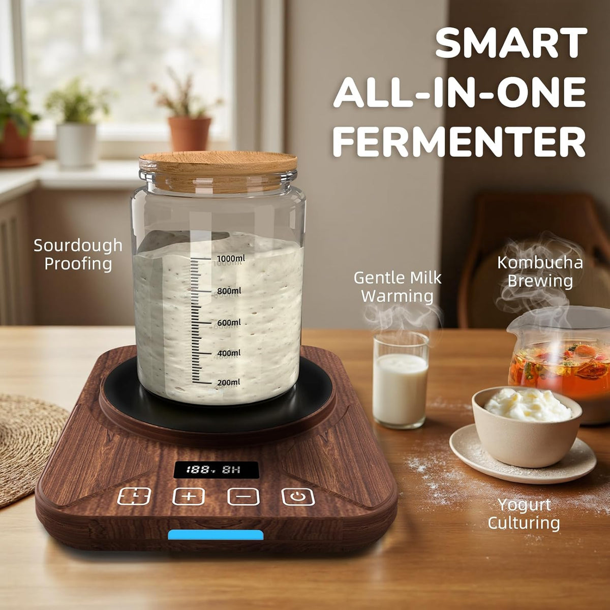 Sourdough Starter Warmer Mat - 24H Timer - Precise 1°F Thermostat Control (70-100°F) - Smart Memory Warming On/Off - Fits Jars Up to 40oz - Perfect for Home Baking (Brown)