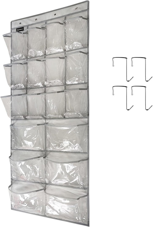 Extra Large Hanging Crystal Clear Over Door Shoe Organizer, Closet Shoe Rack with 12+6 Pockets, 8 Hooks, Grey (59"x 21.6")
