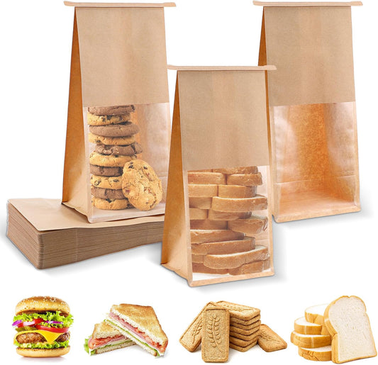 Tobeelec 100 Pcs Brown Kraft Paper Bread Bags with Window, Tin Tape Lock, Eco-Friendly, Disposable, 11 x 4 Inches