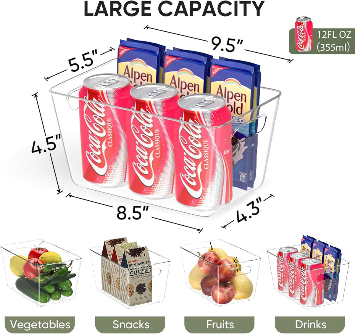 BALEINE Clear Plastic Storage Bins, Pantry Organization, BPA Free Stackable Refrigerator Organizers and Storage with Handles for Kitchen Fridge Cabinet Bathroom (4PK, 9.5x5.5x4.5)