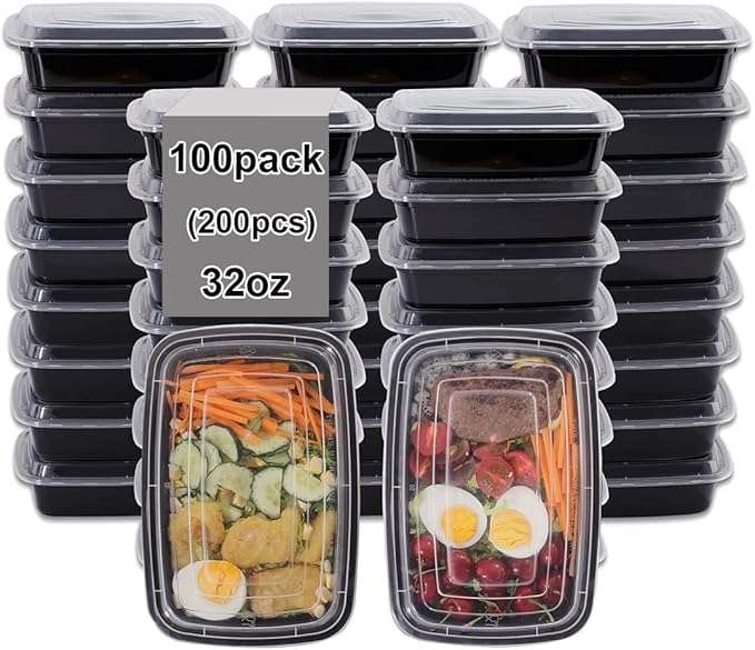 LIYH 100 Pack (200 Pcs) 32 oz Meal Prep Containers Food Storage Containers Black 1 Compartment Food Containers with Lids Lunch Boxes Plastic Bento Box Reusable Microwaveable Dishwasher Safe