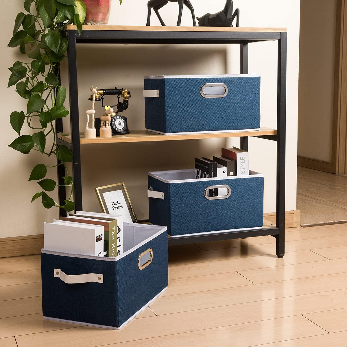 PRANDOM Fodable Storage Bins for Closet [3-Pack] Decorative Fabric Storage Baskets Cubes with Leather/Metal Handles for Shelves Bedroom Living Room Royal Blue (11.5x8.5x6.7 Inch)