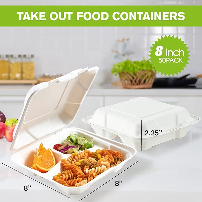ECOLipak 50 Pack Clamshell Take Out Food Containers, 100% Compostable Disposable To Go Containers, 8X8 inch 3-Compartment Heavy-Duty To Go Boxes