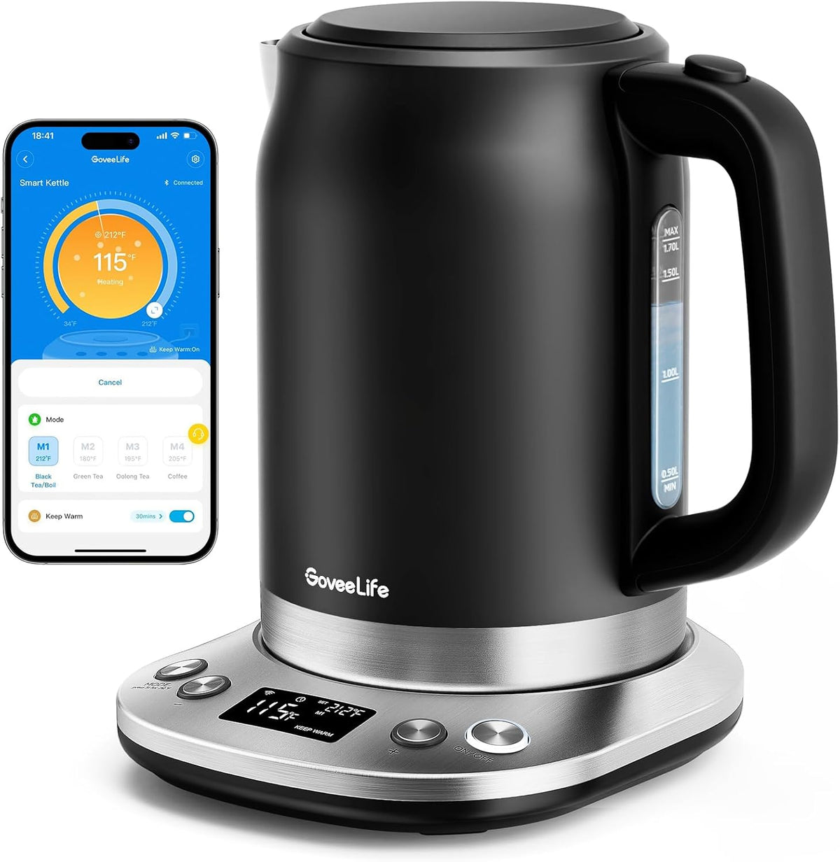 GoveeLife Smart Electric Kettle Temperature Control, WiFi Electric Tea Kettle with Alexa Control, 1500W Rapid Boil, 2H Keep Warm, 1.7L BPA Free Stainless Steel Water Boiler for Tea, Coffee, Oatmeal