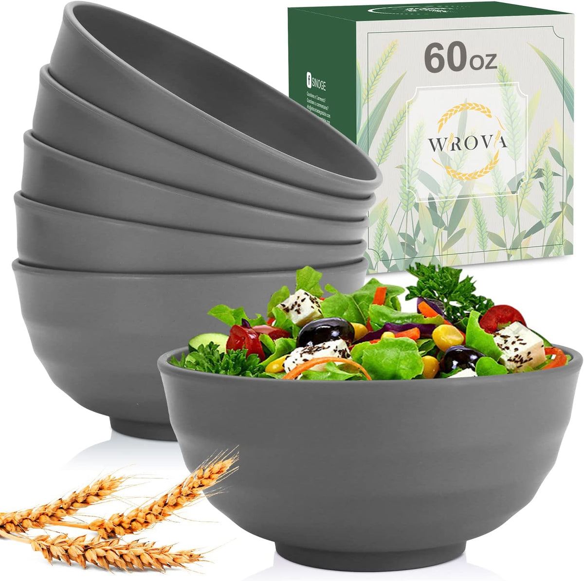 Wheat Straw Bowls Set 60 OZ Unbreakable Large Cereal Bowls Set of 6 Microwave and Dishwasher Safe Bowls Big Bowls for Apartment and Dorm BPA Free Soup Bowl for Serving Oatmeal and Salad (Deep Gray)