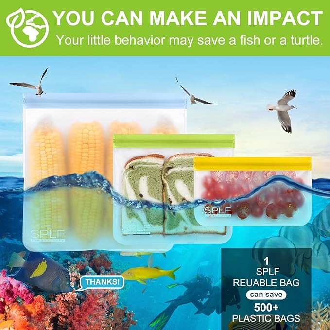 SPLF 12 Pack Dishwasher Safe Reusable Snack Bags, BPA Free Storage Bags, Extra Thick Leakproof Freezer Bags Silicone and Plastic Free Lunch Bags Food Storage
