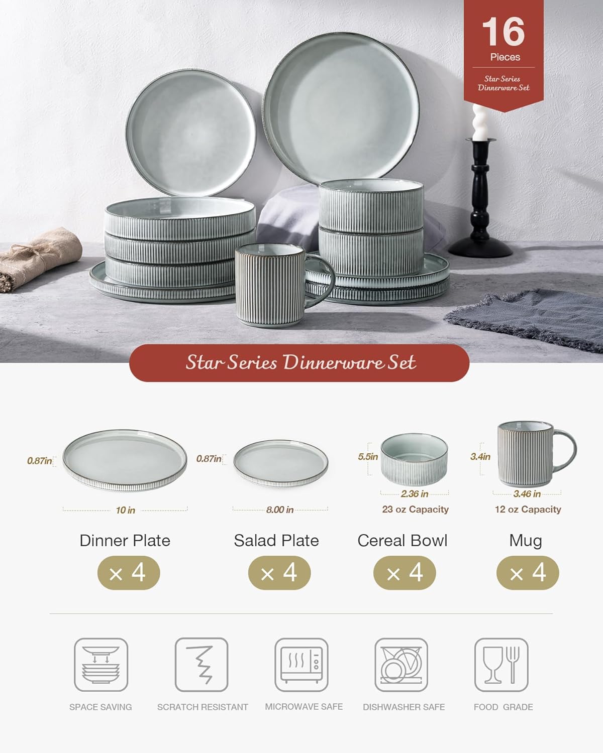 Famiware Star Dinnerware Set with Mugs, Service for 4 (16pcs), Ribbed Stoneware Plates and Bowls Dishes Sets - Chip & Scratch Resistant, Microwave & Dishwasher Safe, Smoky Blue