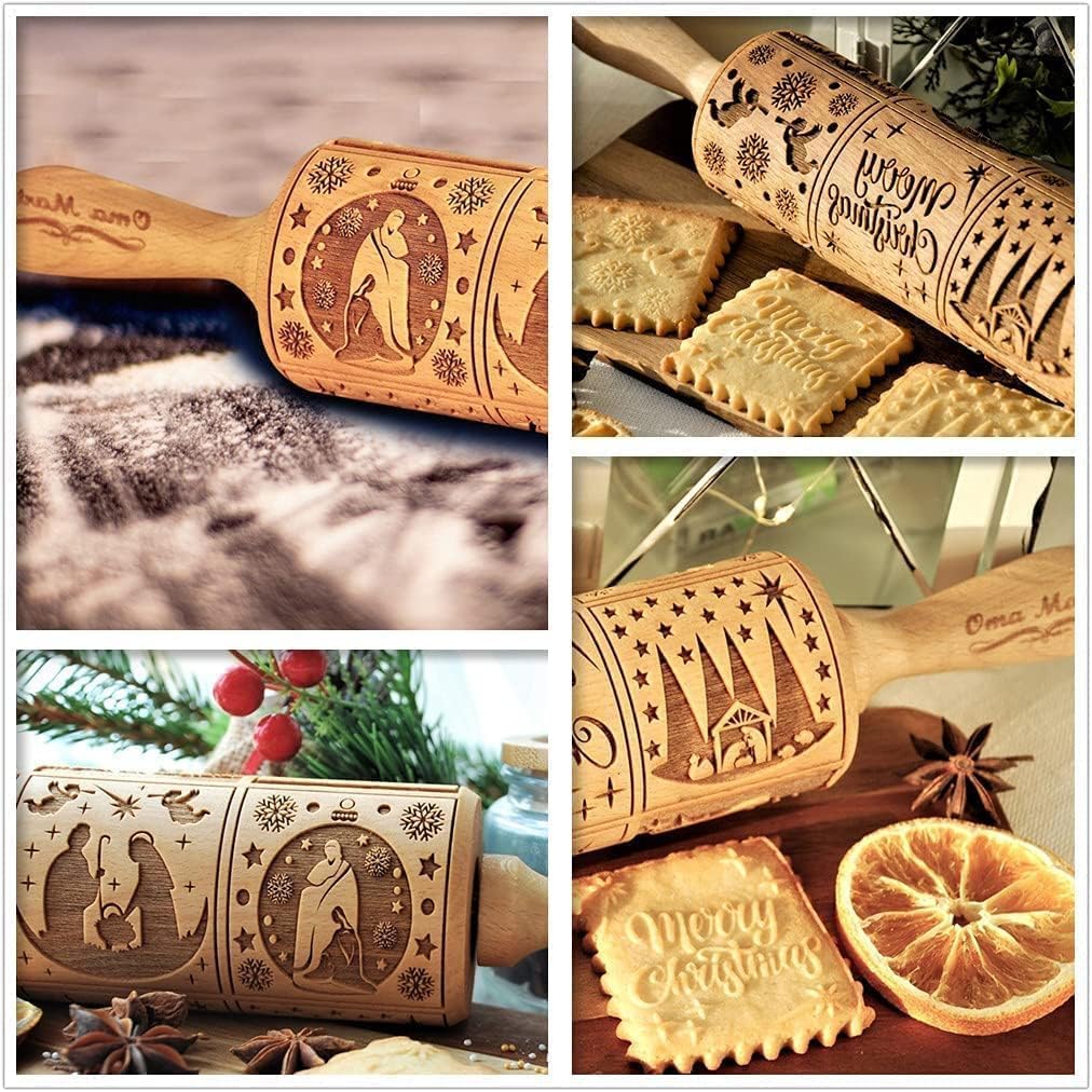 Christmas Wooden Rolling Pin for Baking Engraved Embossing Rolling Pin Cookie Stamps Roller Square Grid Cookies Mold Kitchen Decor Tools for Baking Embossed Cookies (9 Grilles Jesus)